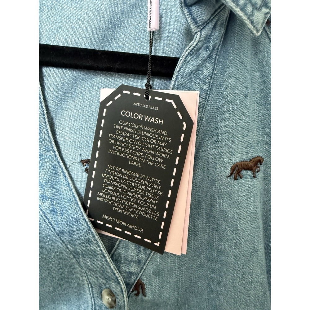 Avec Les Filles Women's Brown Horse Embroidered Chambray Shirt Size XS NEW - Picture 3 of 9